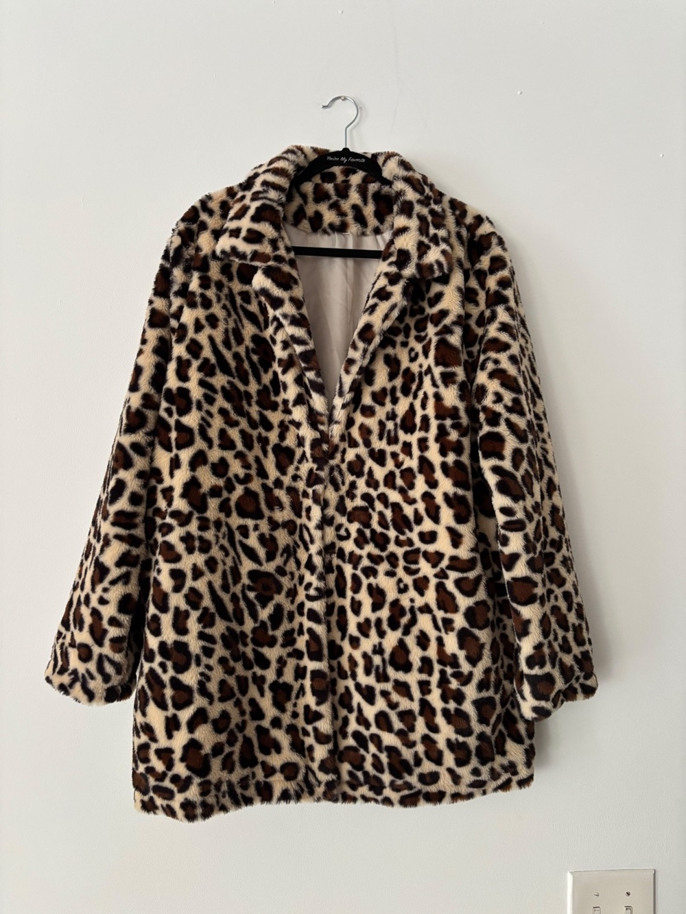 Womens Leopard Print Faux Fur Coat Mid Length Collared Jacket Lined Size XL NWT